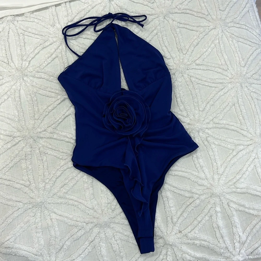 Zara bodysuit top blue halter floral detail back zipper size medium - Picture 1 of 5